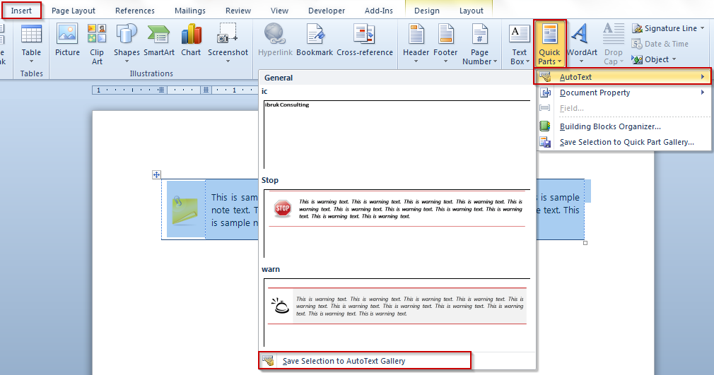 Save Selection to AutoText Gallery.